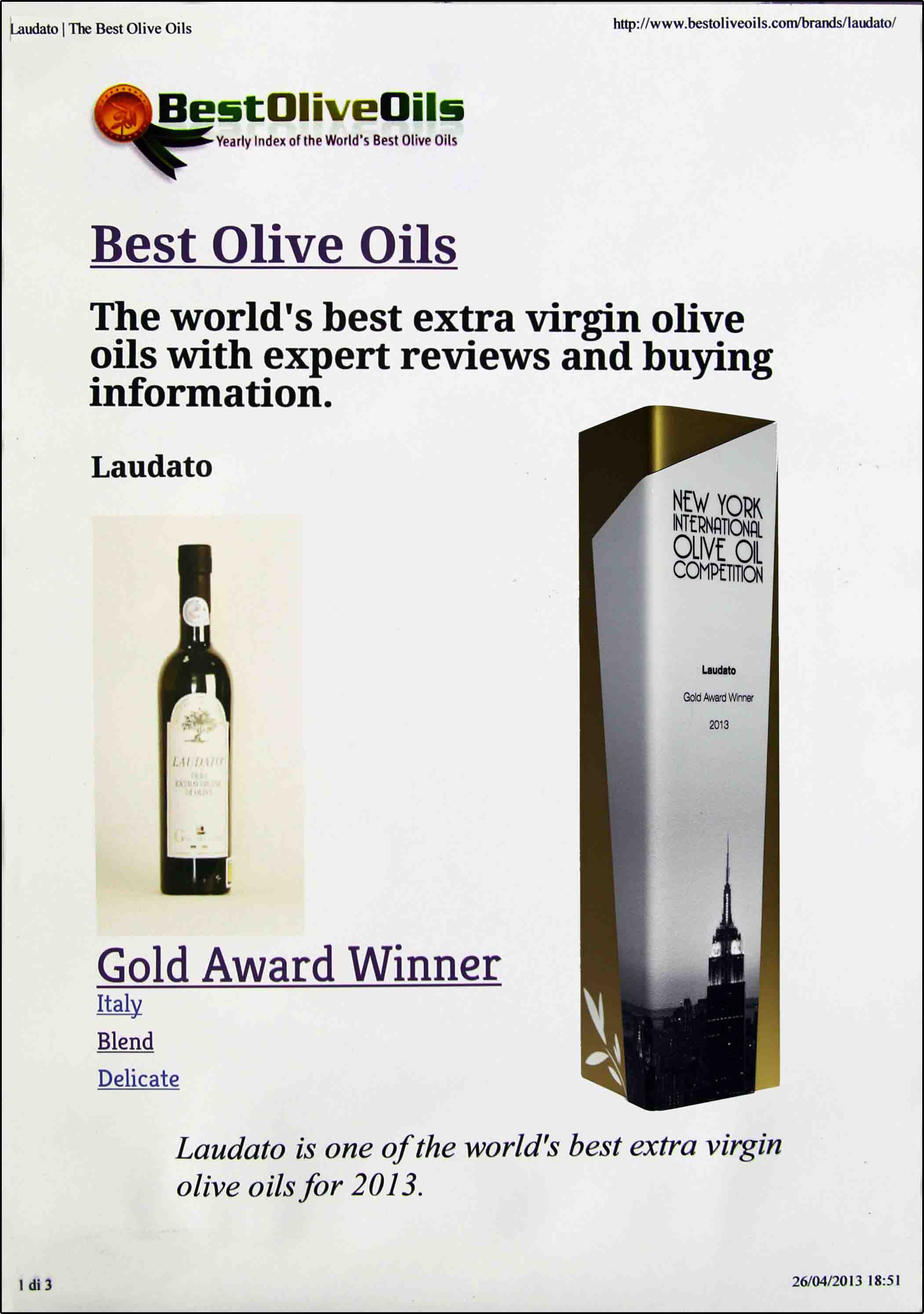 New York International Olive Oil Competition Laudato 2013